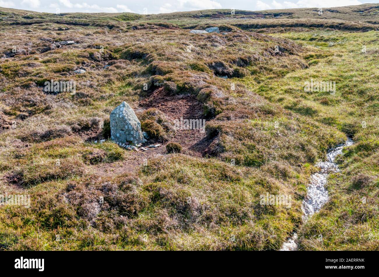 Stone marking the burial place of Gunnister Man at Gunnister in Northmavine, Shetland.  DETAILS IN DESCRIPTION. Stock Photo
