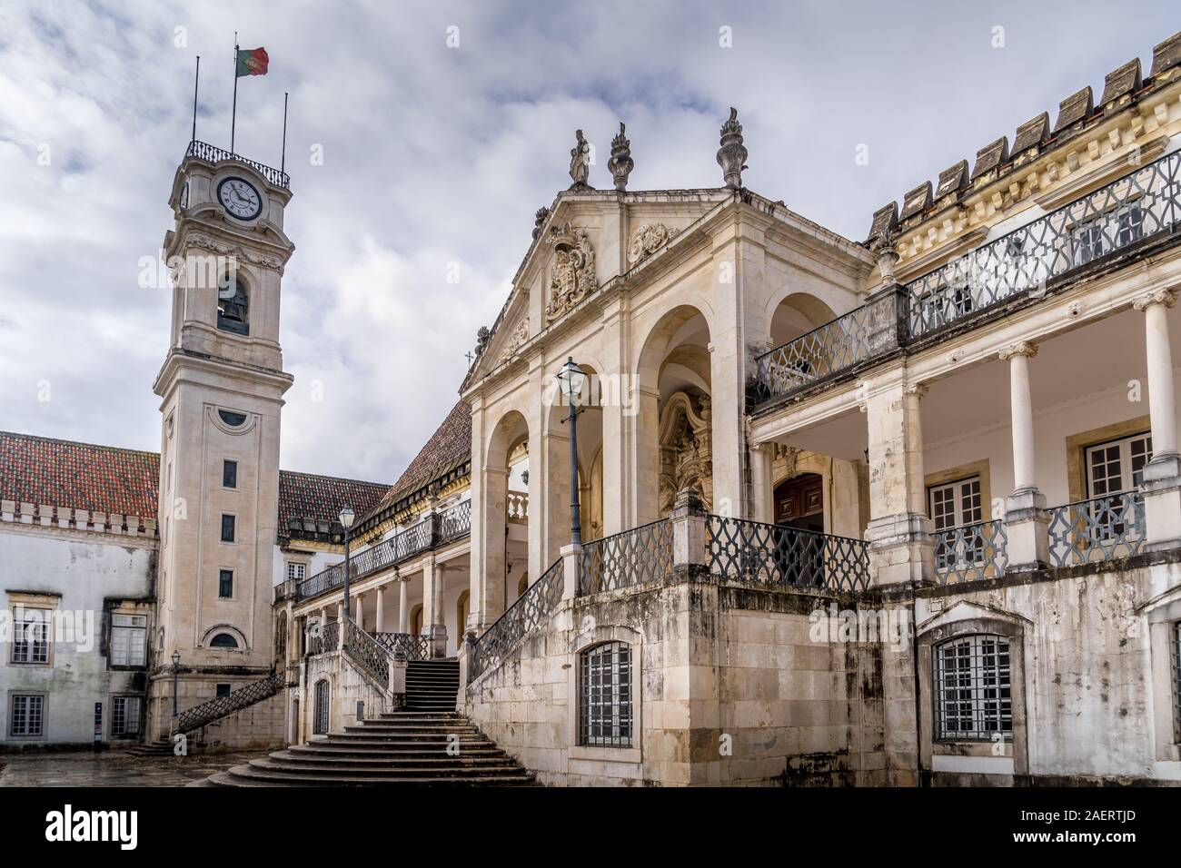 View of Coimbra university and royal palace courtyard with royal chapel, bell tower and Joanina library Stock Photo
