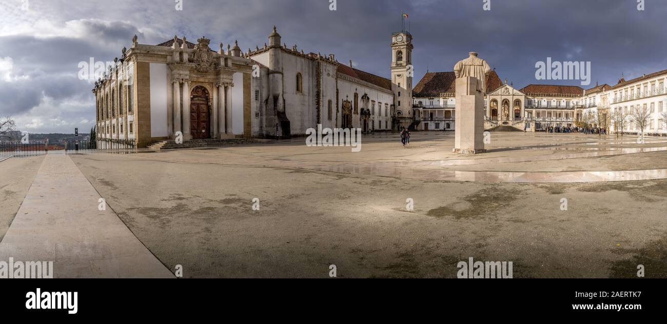 View of Coimbra university and royal palace courtyard with royal chapel, bell tower and Joanina library Stock Photo
