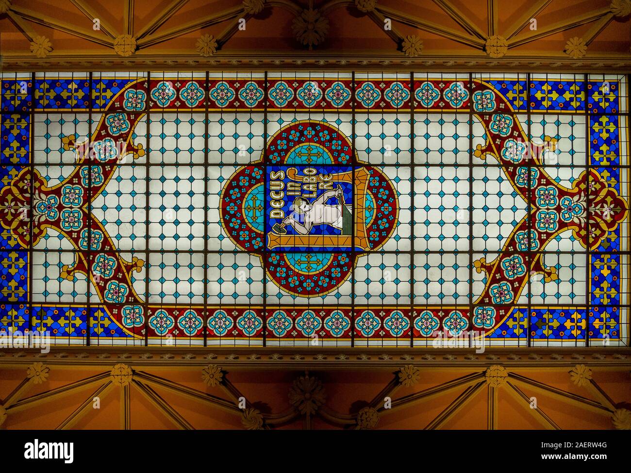 View of the stained glass window ceiling of the Lello bookshop in Porto Portugal that inspired Harry Potter Stock Photo