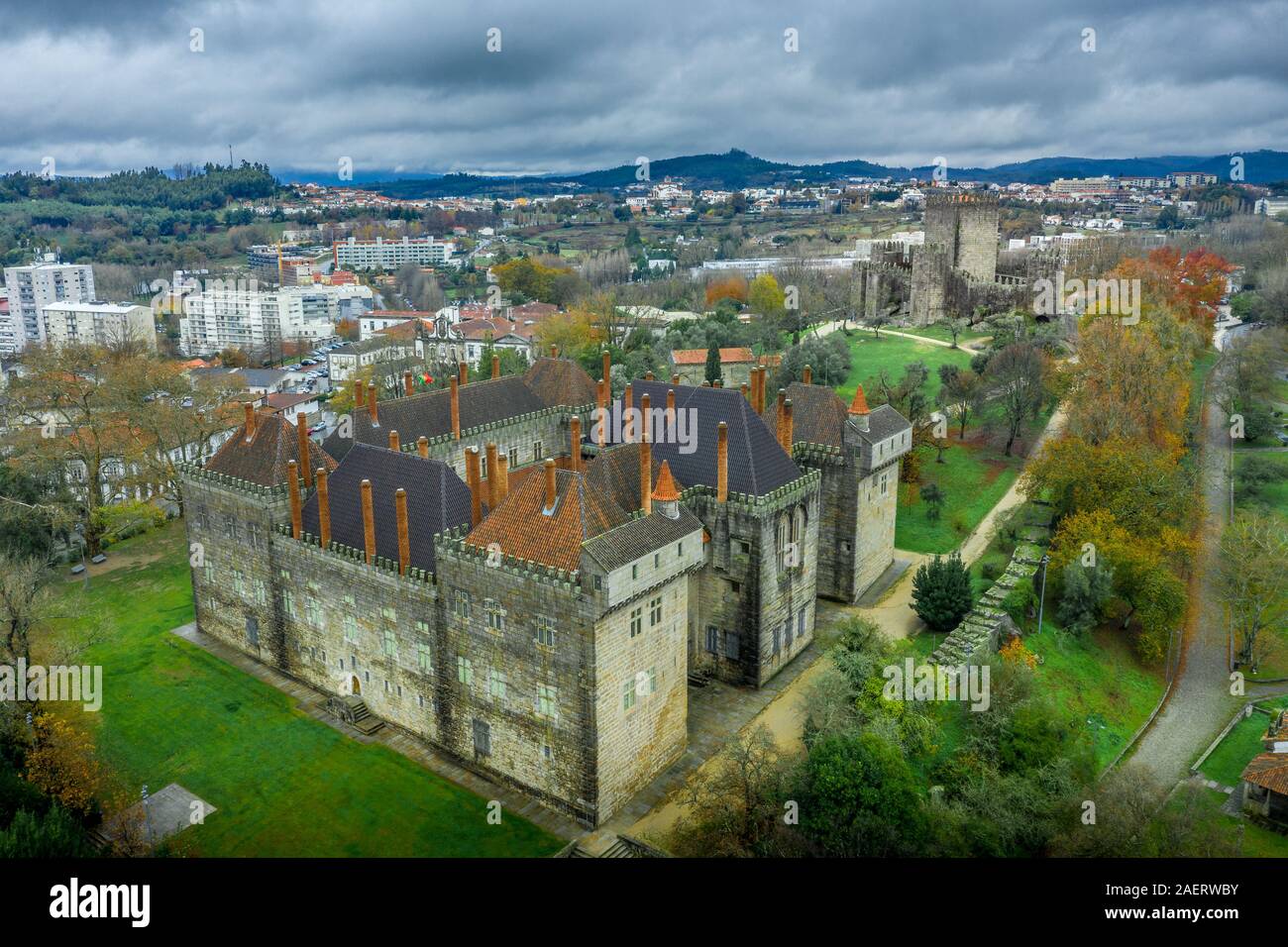 Aerial view of the Paco dos Duques de Braganca in Guimareas Portugal Stock Photo