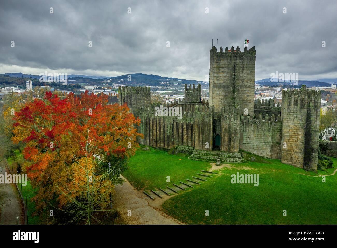 Aerial panorama view of Guimaraes castle in Portugal with dramatic sky Stock Photo
