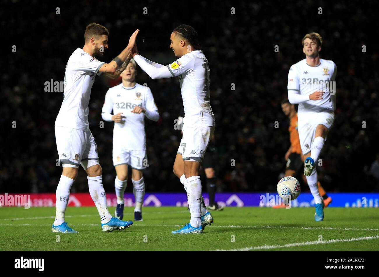 Leeds United player celebrate after Hull City's Jordy de Wijs scores an own goal during the Sky Bet Championship match at Elland Road, Leeds. Stock Photo