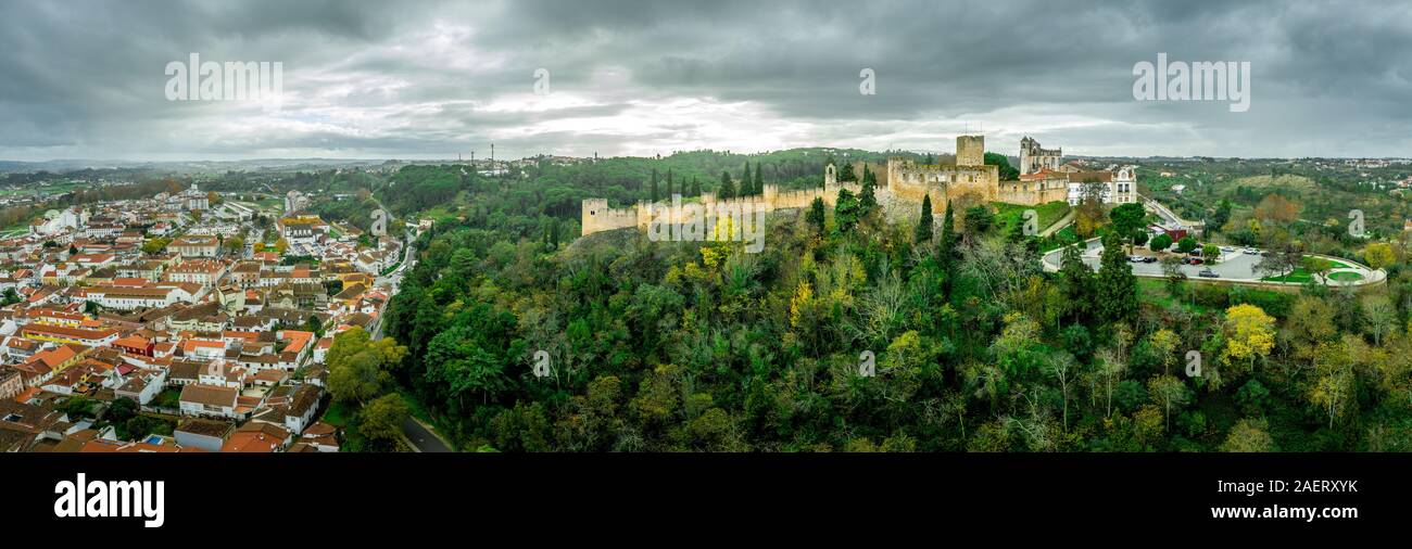 Aerial panorama view of Tomar town and hilltop castle in Portugal Stock Photo
