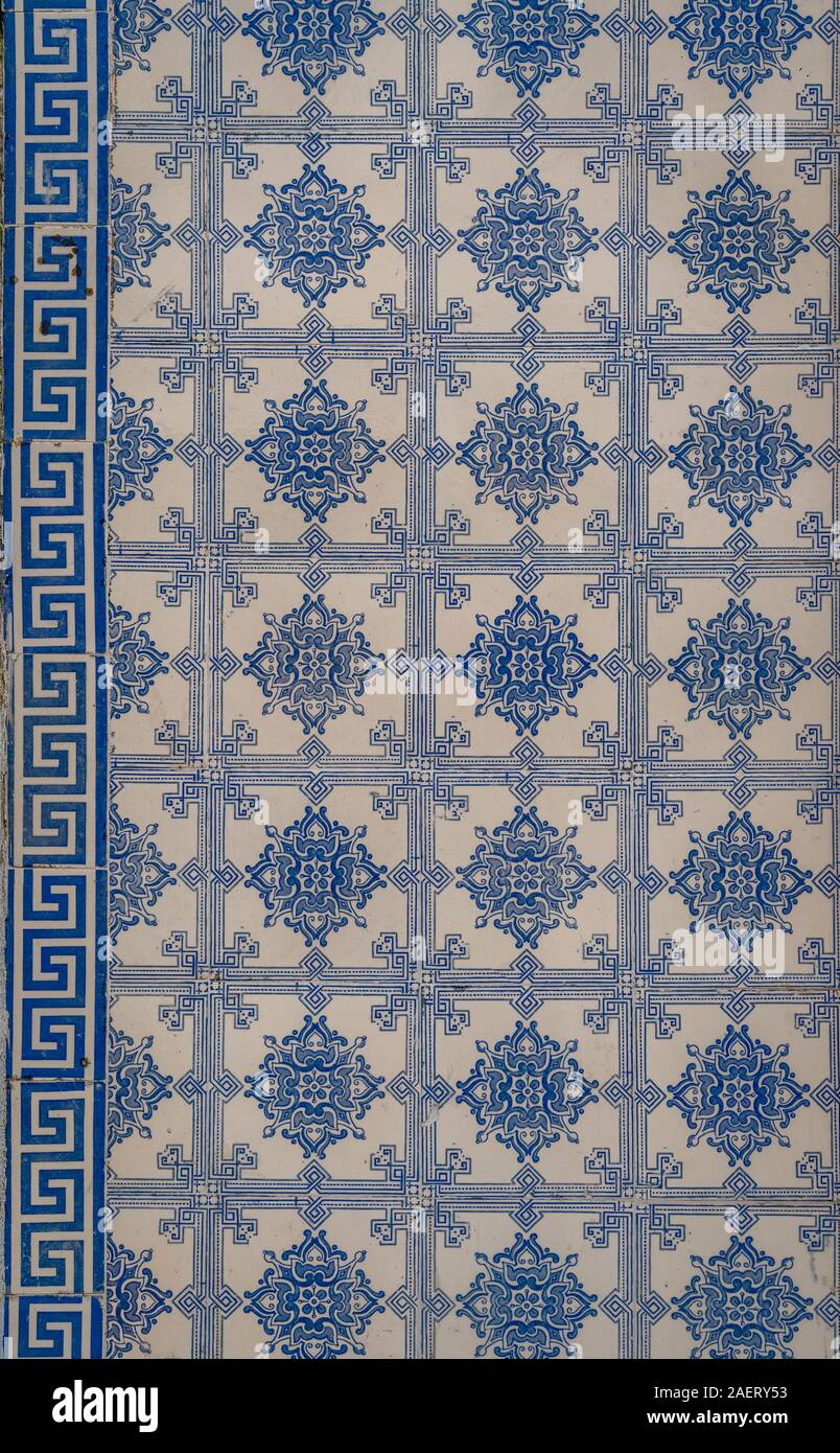 Typical Portuguese three dimension imitating abstract tile patterns in various colors blue, green, purple turquoise Stock Photo
