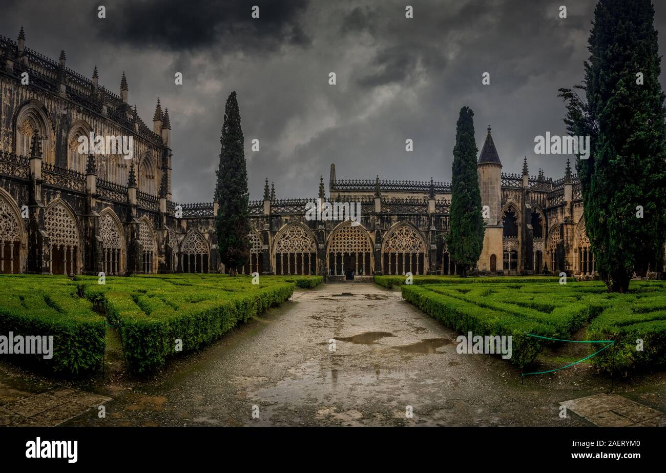 Panorama view of the Batalha monastery Gothic courtyard  in Portugal Stock Photo