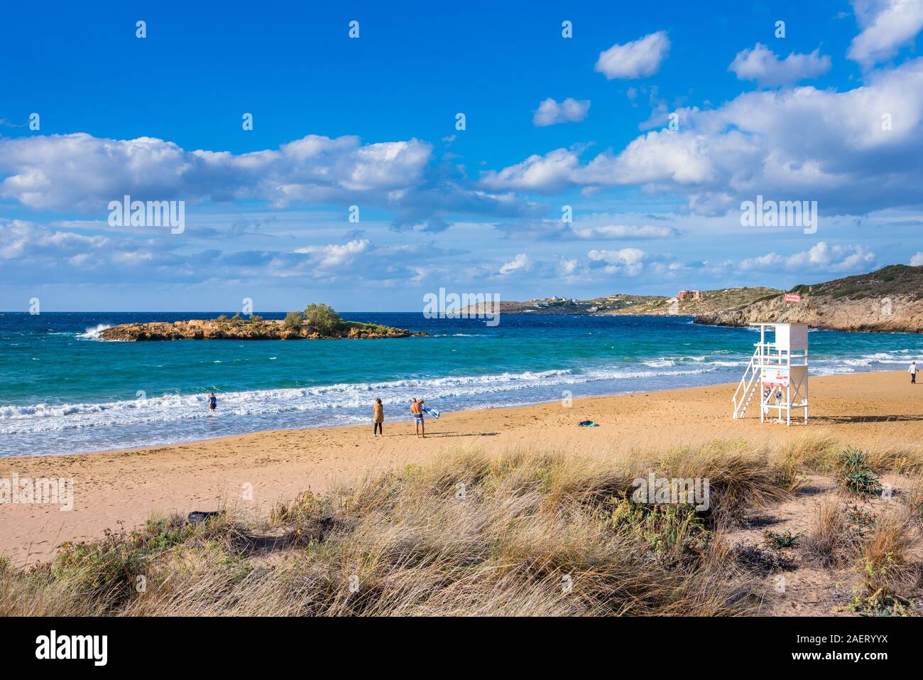 Sandy beach of Kalathas with the picturesque islet in Akrotiri Chania, Crete, Greece. Stock Photo