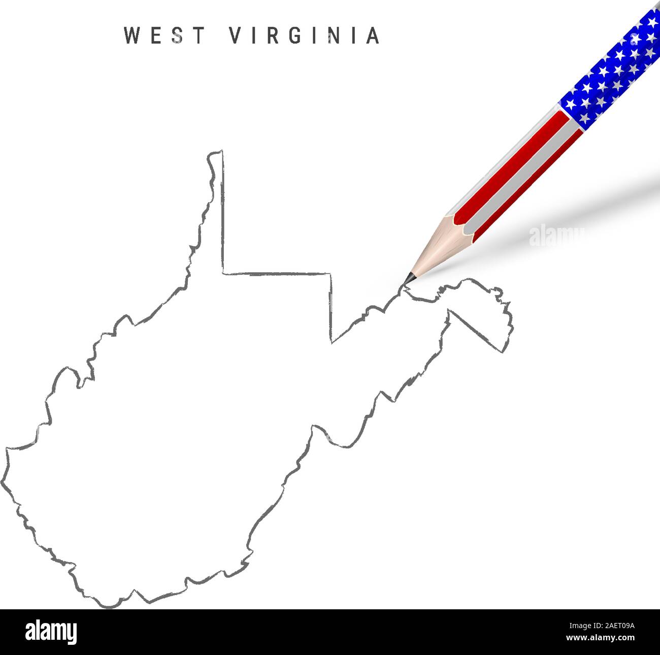 West Virginia US state vector map pencil sketch. West Virginia outline contour map with 3D pencil in american flag colors. Freehand drawing vector, ha Stock Vector