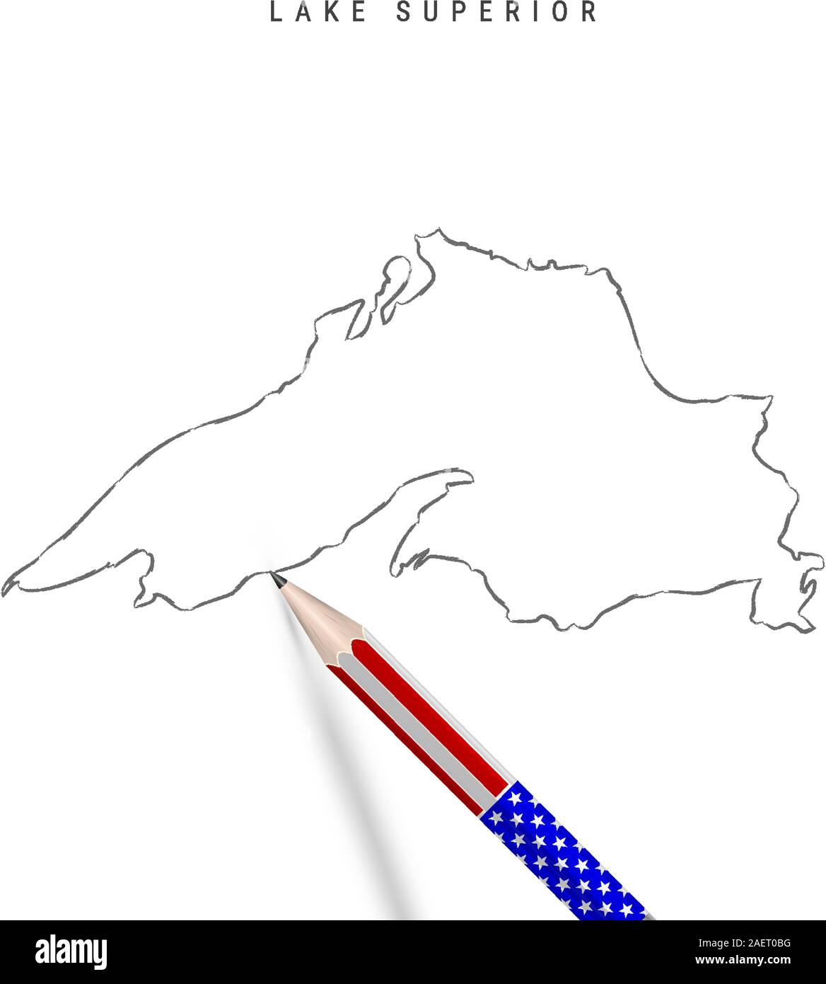 Lake Superior vector map pencil sketch. Lake Superior outline contour map with 3D pencil in american flag colors. Freehand drawing vector, hand drawn Stock Vector