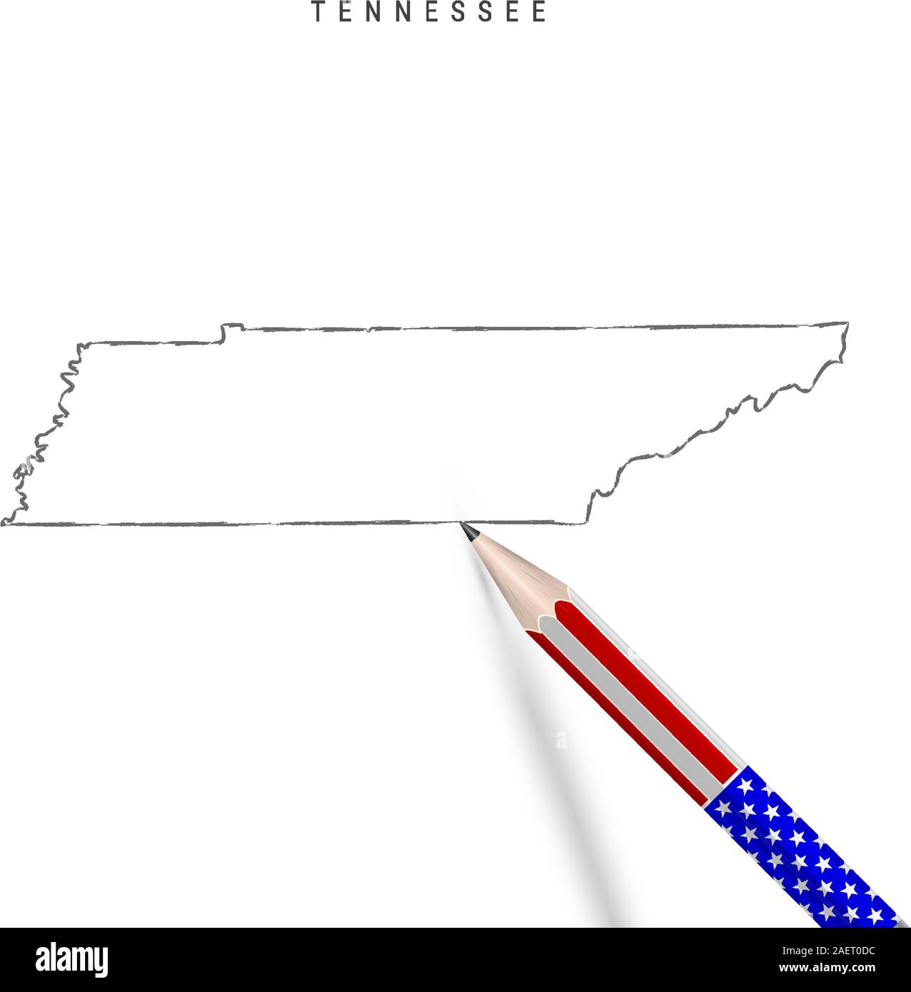 Tennessee US state vector map pencil sketch. Tennessee outline contour map with 3D pencil in american flag colors. Freehand drawing vector, hand drawn Stock Vector