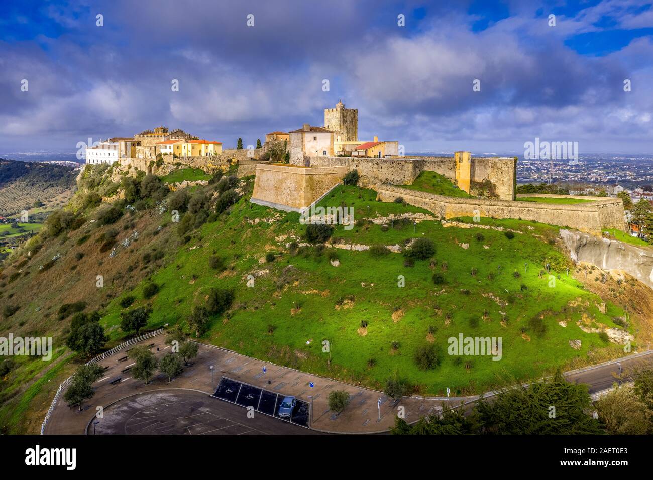 Aerial view of Palmela castle hotel pousada near Setubal Portugal with blue sky Stock Photo