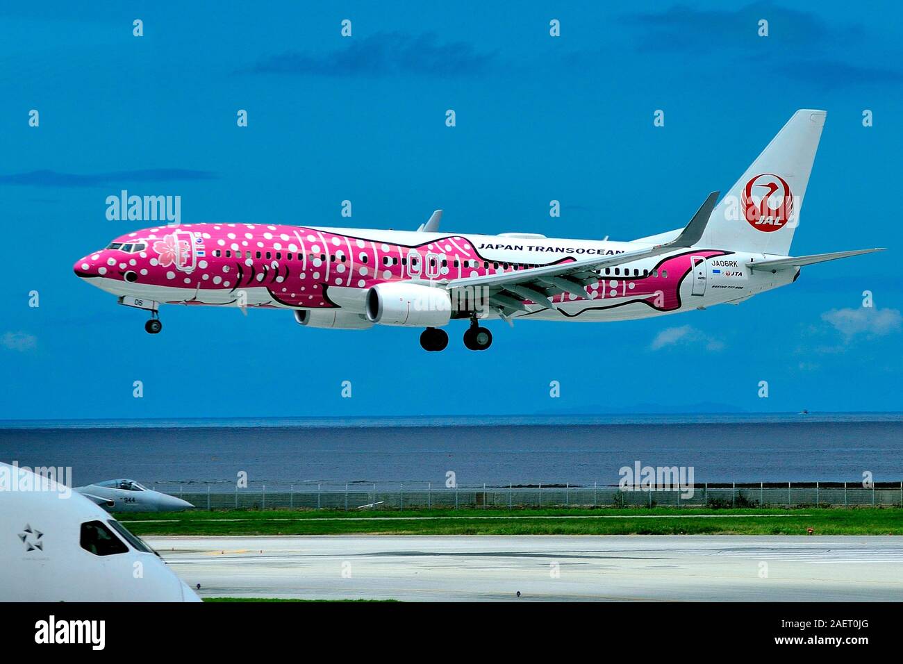 Pink Whale Shark, Japan Transocean, JTA Boeing B-737/800, JA06RK, Landing, Naha Airport, Naha, Okinawa, Ryukyu Islands, Japan Stock Photo