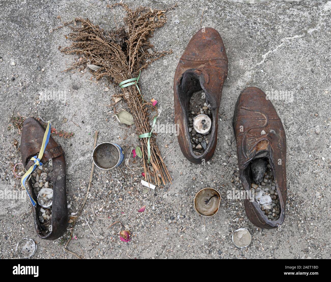 Iron shoes memorial to Jewish people executed WW2 in Budapest Hungary Stock Photo