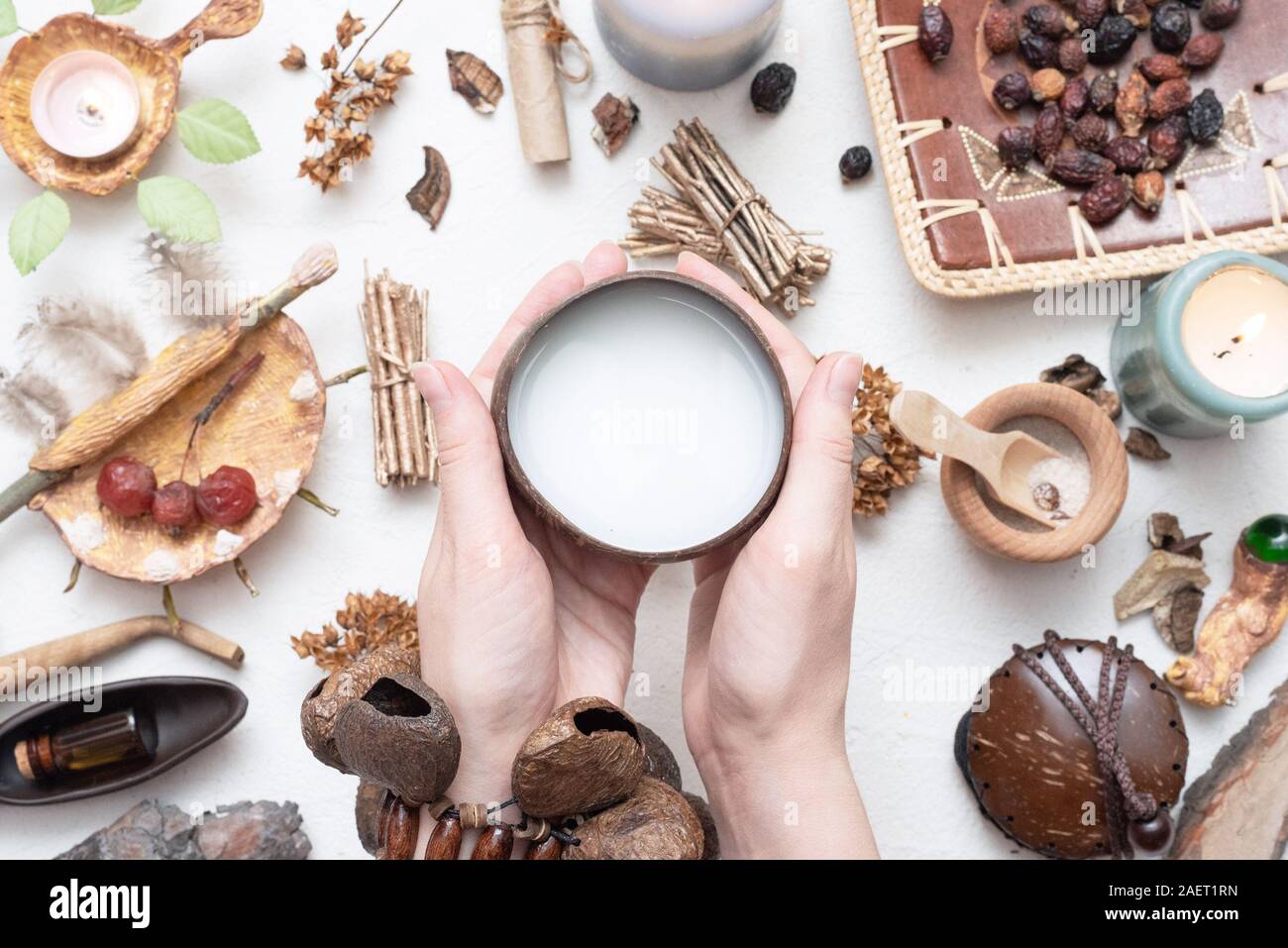 Witch doctor preparing a magic potion concept. Witchcraft. Stock Photo