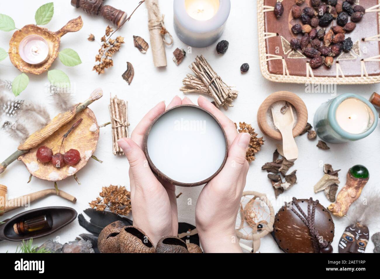 Witch doctor preparing a magic potion concept. Witchcraft. Stock Photo