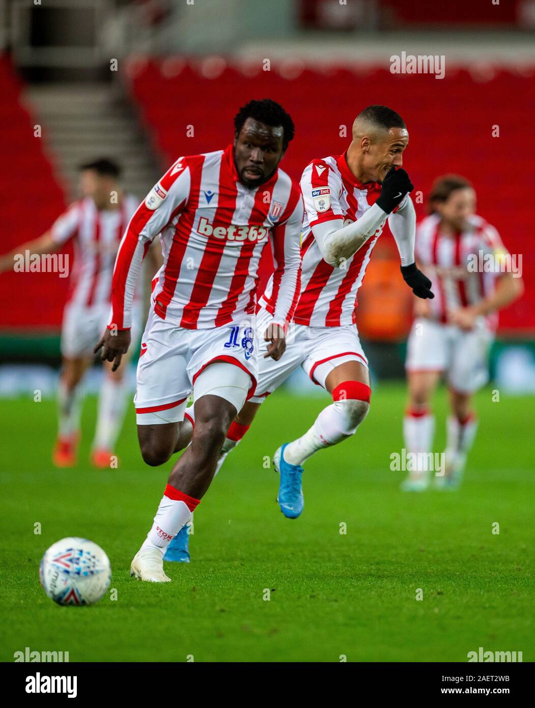 Stoke On Trent, UK. 10th Dec, 2019. English Championship Football, Stoke City versus Luton Town; Mame Biram Diouf of Stoke City chases a through ball - Strictly Editorial Use Only. No use with unauthorized audio, video, data, fixture lists, club/league logos or 'live' services. Online in-match use limited to 120 images, no video emulation. No use in betting, games or single club/league/player publications Credit: Action Plus Sports Images/Alamy Live News Stock Photo