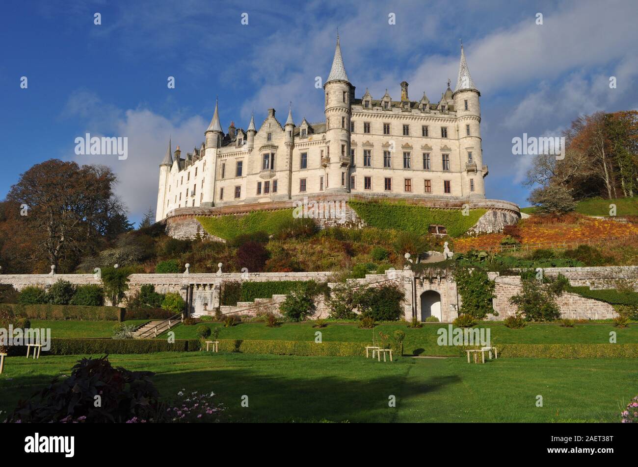 Dunrobin Castle is a stately home in Sutherland, in the Highland area of Scotland, the family seat of the Earl of Sutherland and the Clan Sutherland. Stock Photo