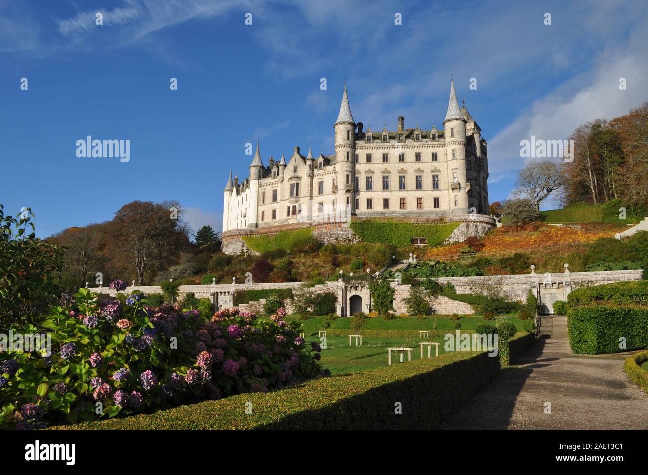 Dunrobin Castle is a stately home in Sutherland, in the Highland area of Scotland, the family seat of the Earl of Sutherland and the Clan Sutherland. Stock Photo