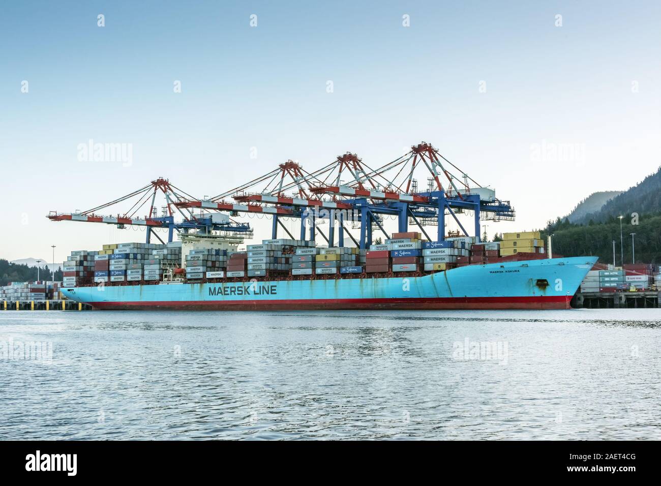 Maersk Kokura loaded up with containers at the Fairview container terminal, Prince Rupert, British Columbia Stock Photo