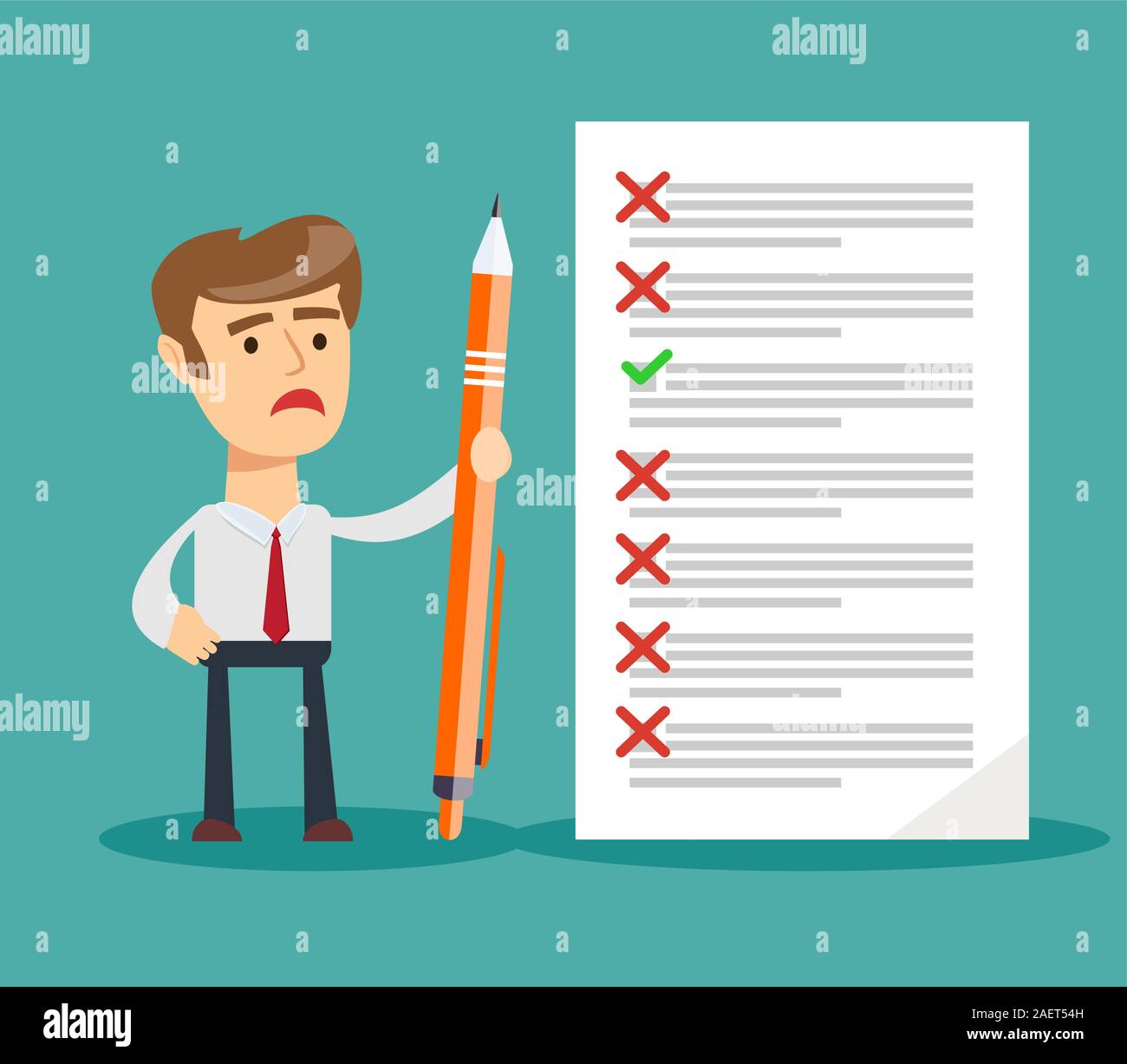 Sad businessman holding a pencil looking at checklist on clipboard. Stock Vector
