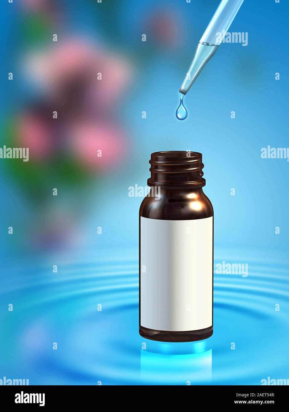 Essential oil bottle on a background with some water ripples and flowers. Digital illustration, included clipping path allows you to put your own labe Stock Photo