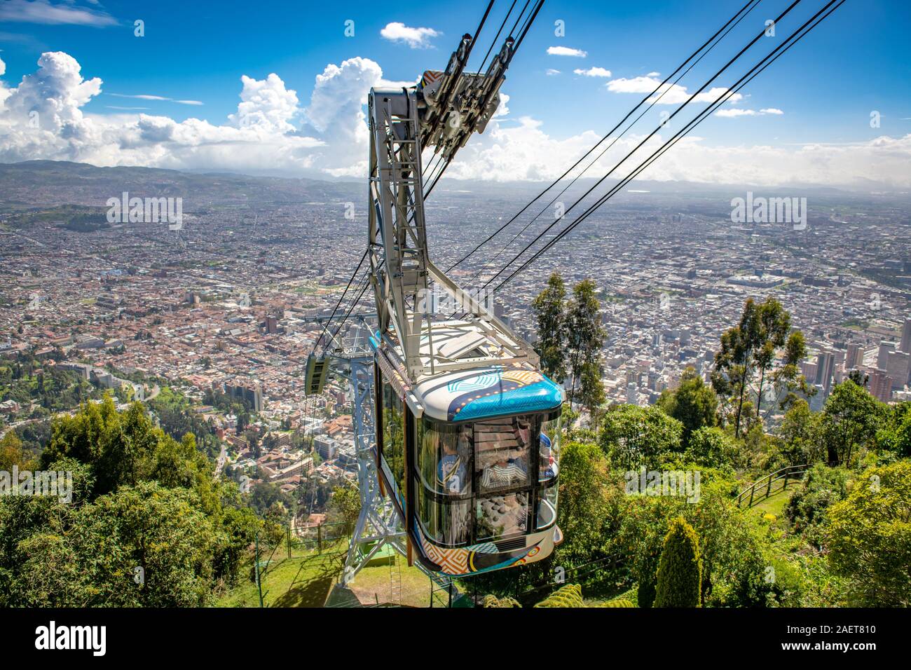 The sprawling city of Bogot‡ behind a cable car making its way down from Mount Monserrate , Bogot‡ , Colombia Stock Photo