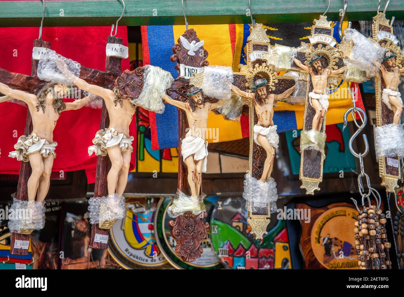 Crucifixes on display for sale at an outdoor market in Bogot‡ , Bogot‡ , Colombia Stock Photo