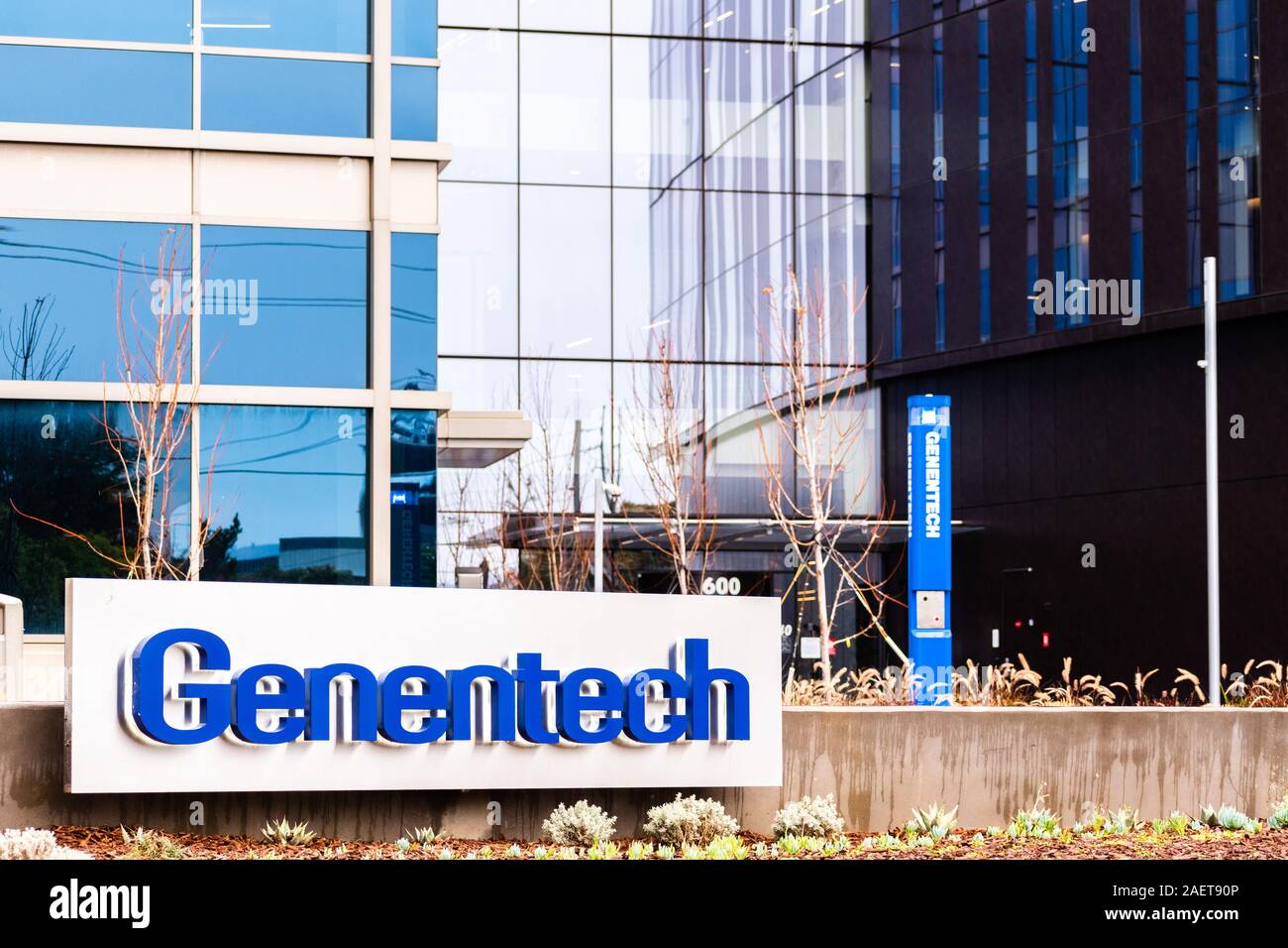 Dec 3, 2019 South San Francisco / CA / USA - Genentech headquarters in San Francisco Bay Area; Genentech, Inc., is an American biotechnology corporati Stock Photo
