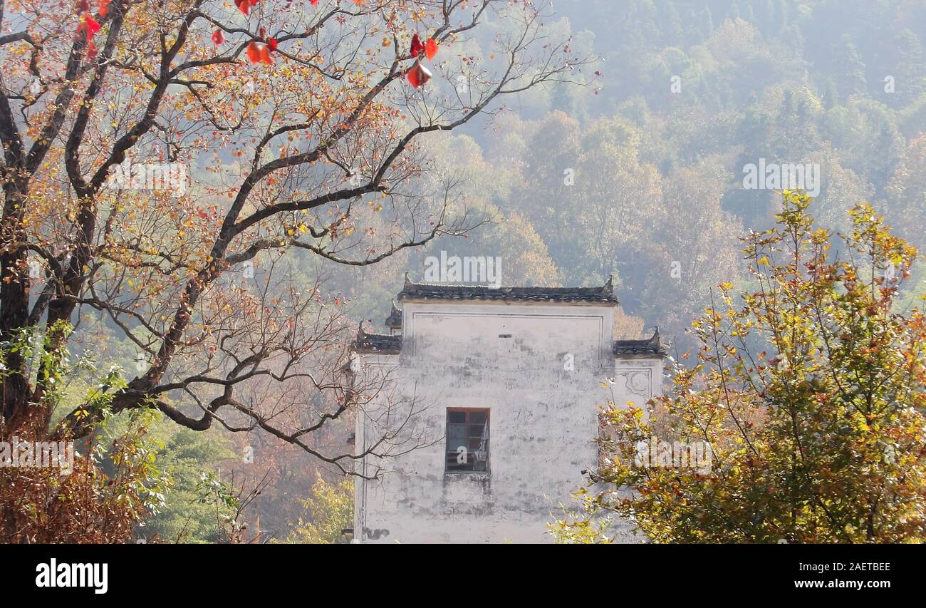 A view of traditional village with red leaves and Hui-style buildings in Tachuan village, Yi county, Huangshan city, east China's Anhui province, 10 N Stock Photo