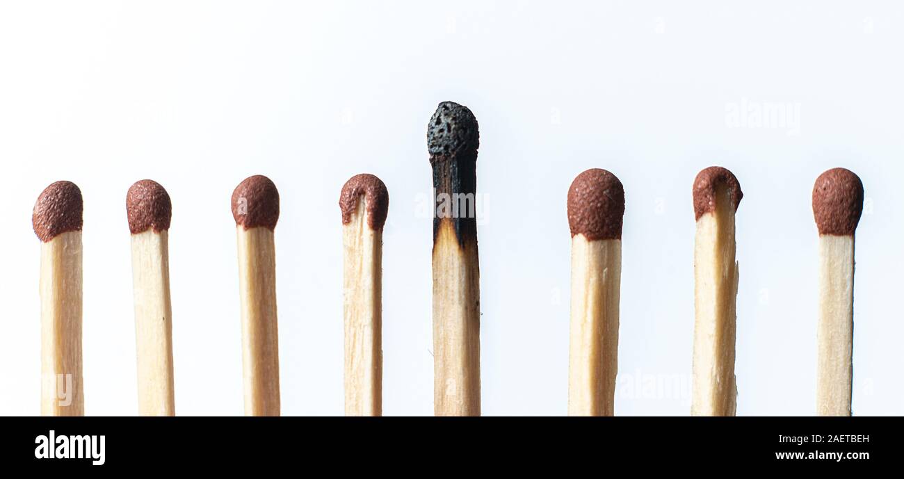 single unique wooden match among the other regular ones, the teamwork idea Stock Photo