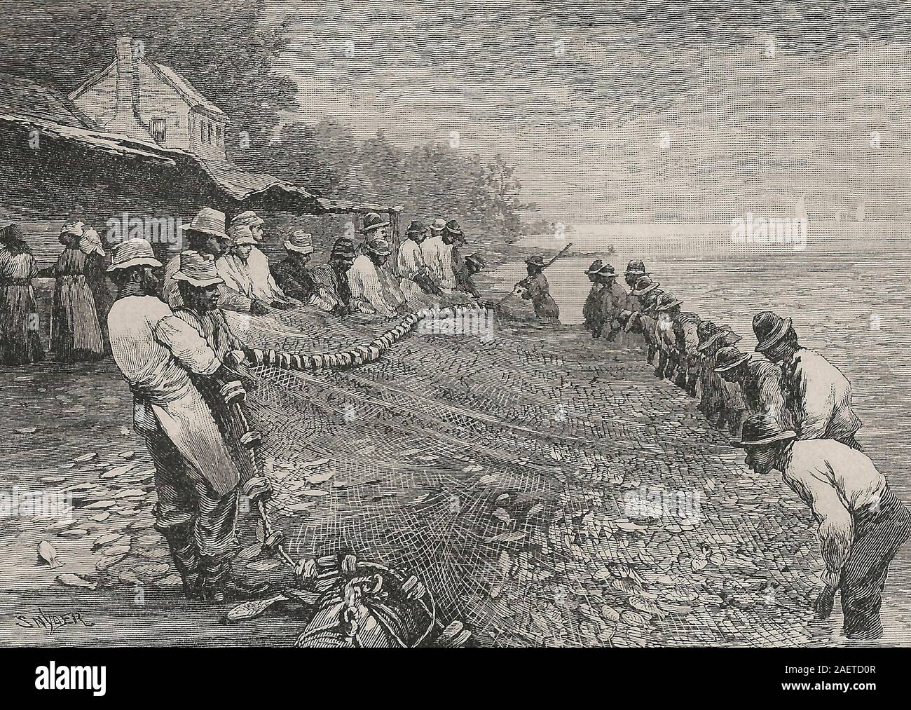 A Big Fishing Haul, circa 1880 Stock Photo