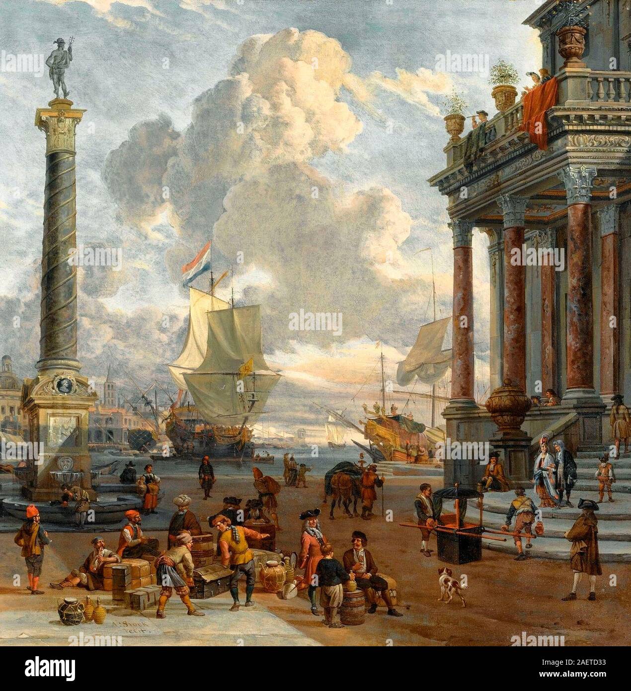 Southern harbour scene with merchants - Abraham Storck Stock Photo