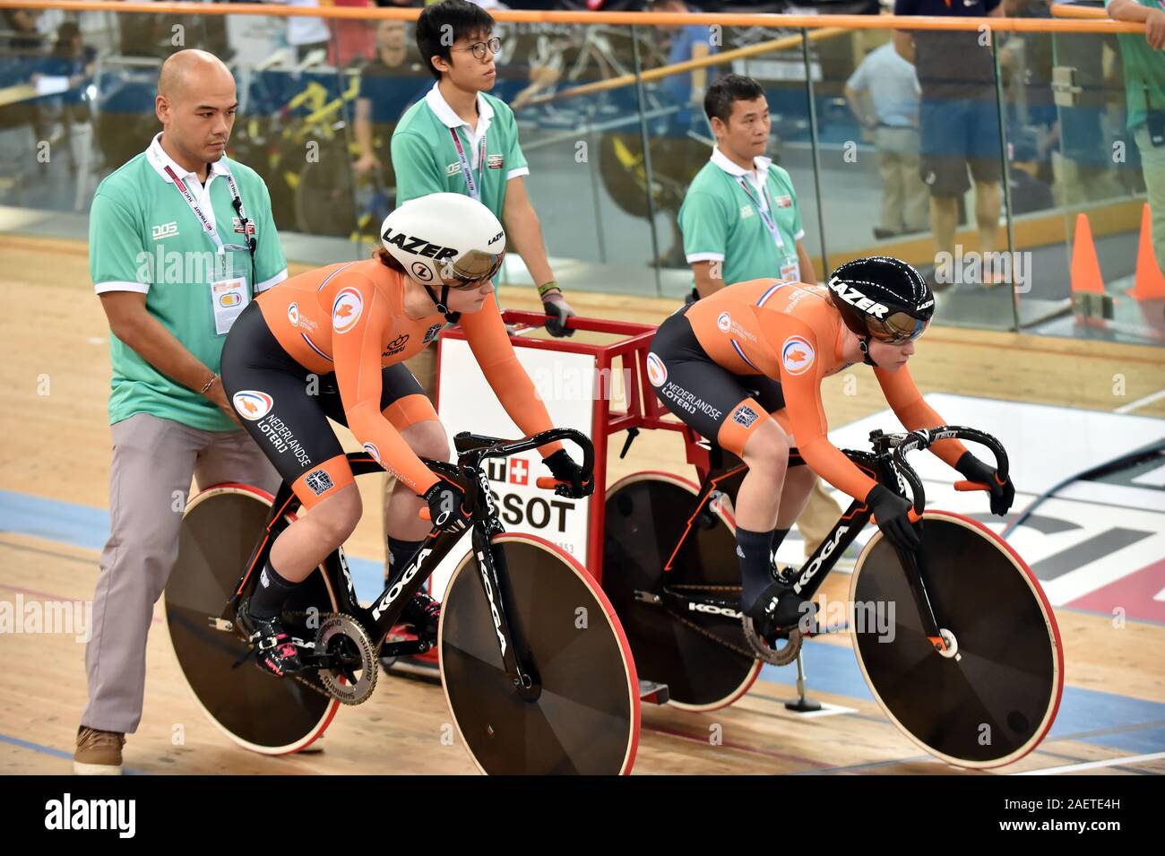 Cyclists compete at the 2019-2020 Tissot UCI Track Cycling World Cup in Hong Kong, China, 29 November 2019. Stock Photo