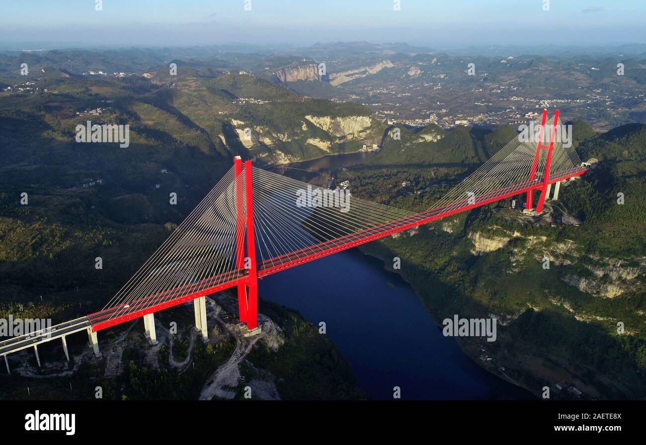 An aerial view of the Yachi River Bridge, one of the longest cable
