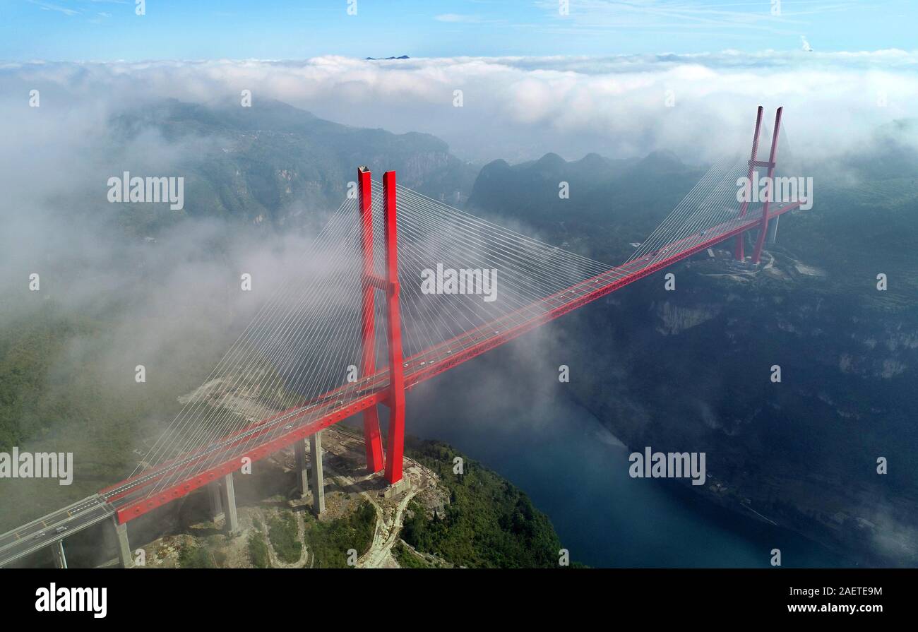 An aerial view of the Yachi River Bridge, one of the longest cable