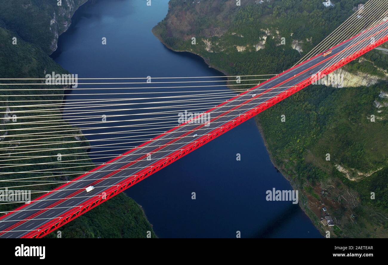 An aerial view of the Yachi River Bridge, one of the longest cable