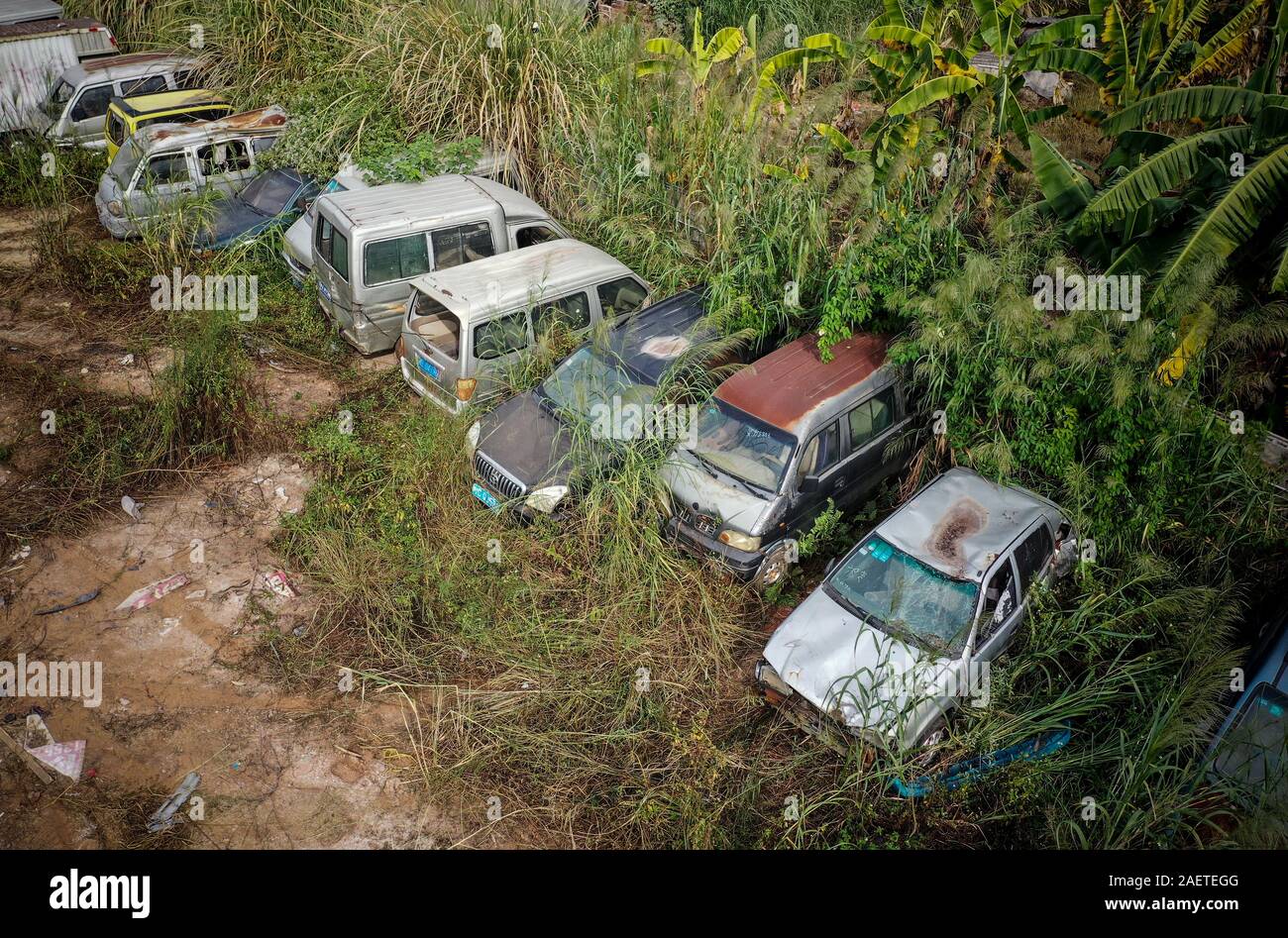 An aerial view of abandoned vehicle parking lot, which is used for