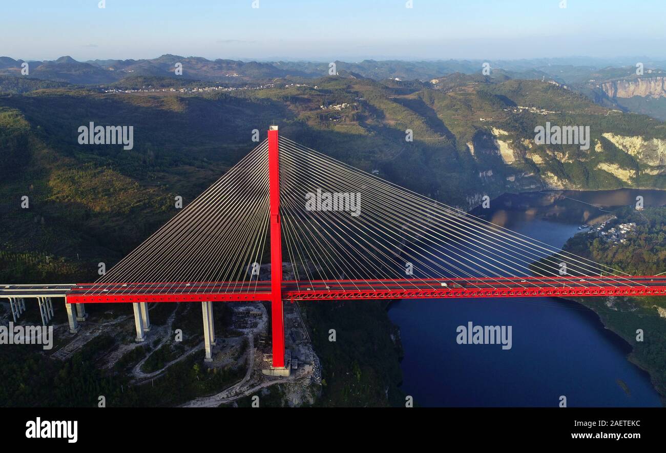 An aerial view of the Yachi River Bridge, one of the longest cable