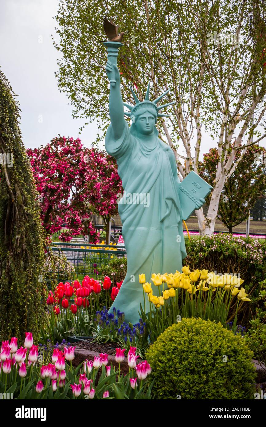 A Tulip Town Tulip Garden With The Statue Of Liberty In The Skagit Valley Washington Usa Stock Photo Alamy