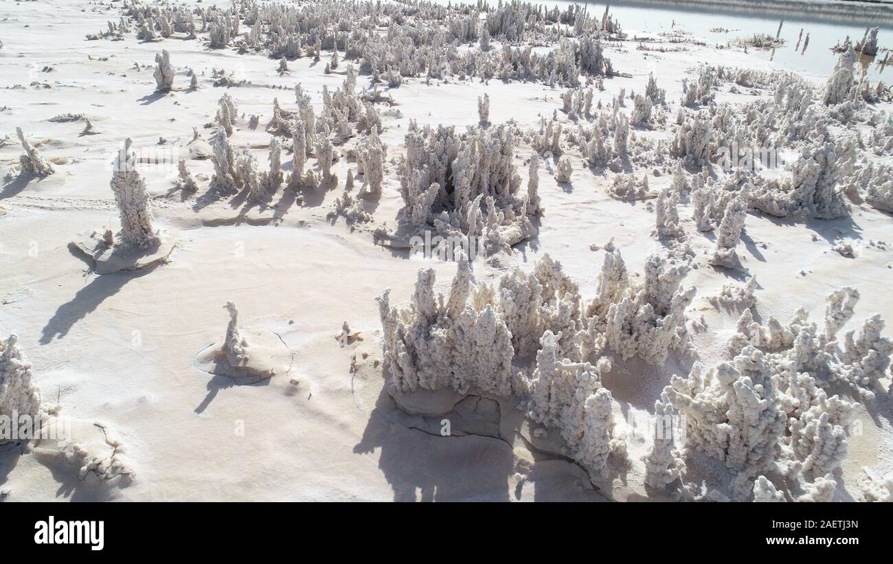 View of the 'flowers' made of magnesium sulfate crystallization and sodium sulfate crystallization in Guanxi Salt Field in Lianyungang city, east Chin Stock Photo