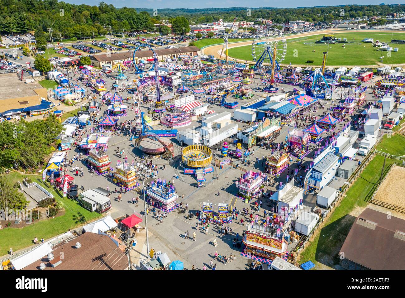 An overhead view of the rides and attractions at the state fair