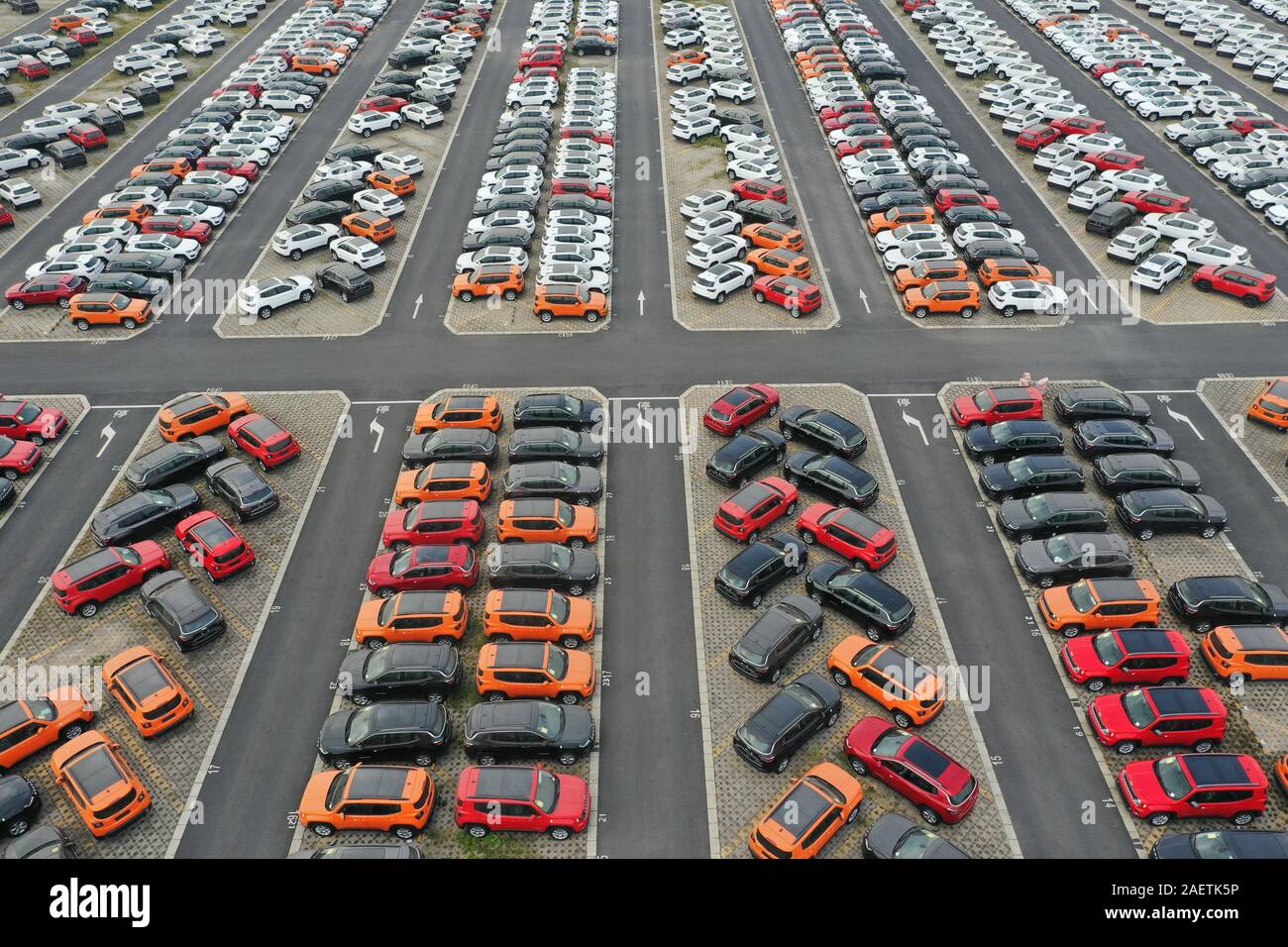 An aerial view of various kinds of cars line up at Panyu Motor Town