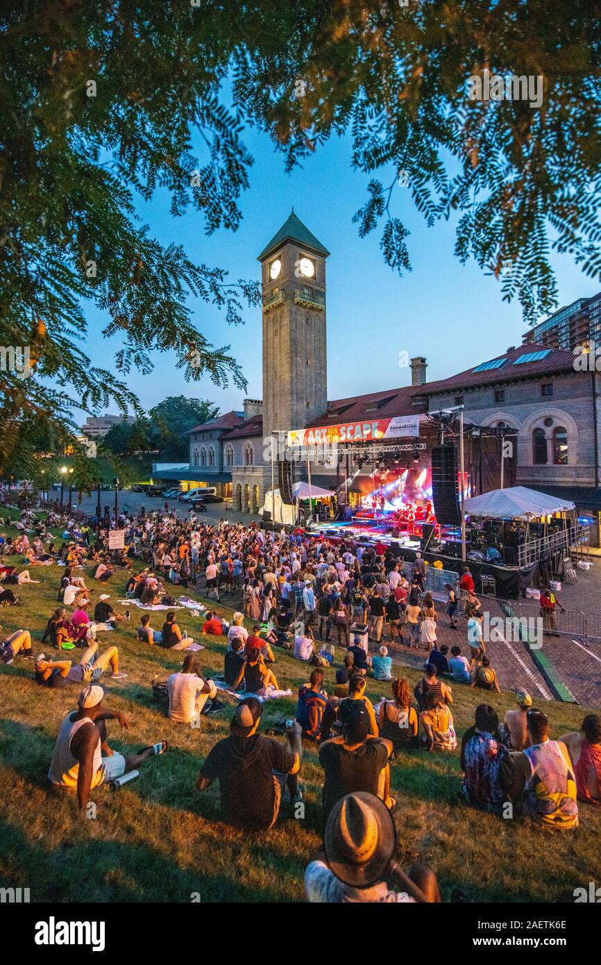 The crowd enjoying a live performance at the Artscape 2019 main stage , Baltimore Maryland Stock