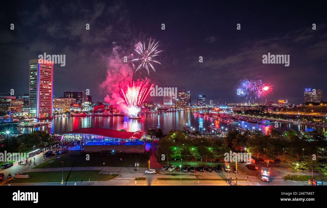 Colorful fireworks light up the night sky over Baltimore's inner harbor