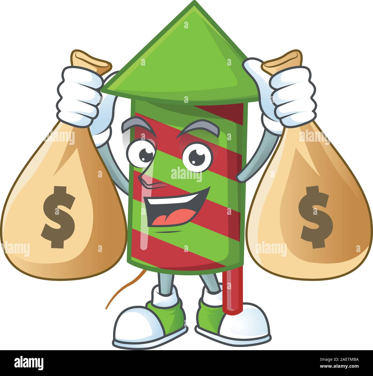 Cute green stripes fireworks rocket cartoon character smiley with money ...