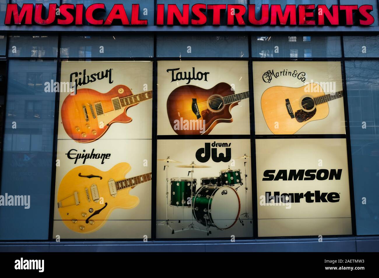 Musical instruments sign on Sam Ash music store, West 34th Street, Manhattan, NYC. Stock Photo