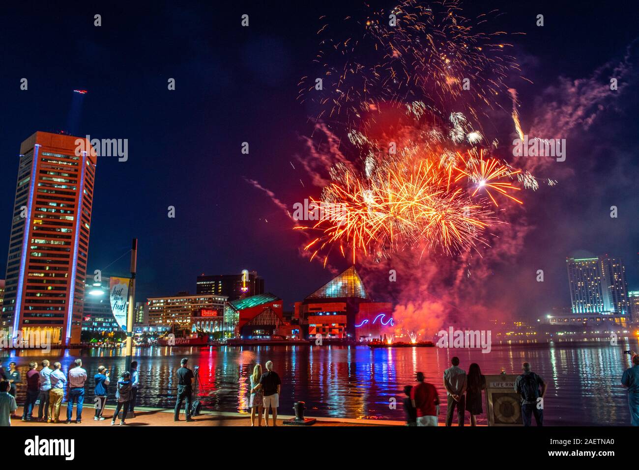 Colorful fireworks light up the night sky over Baltimore's inner harbor