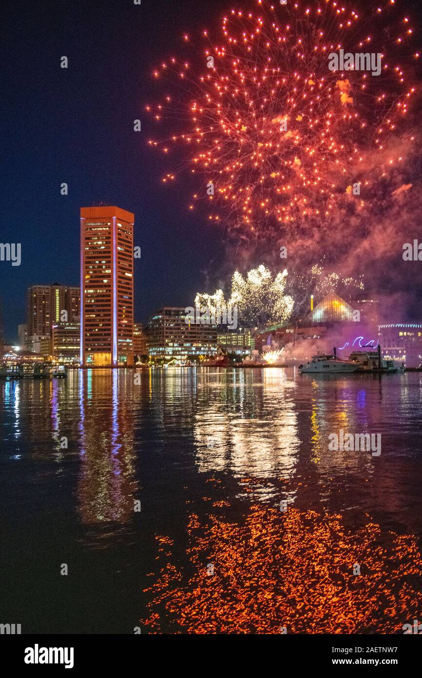 Colorful fireworks light up the night sky over Baltimore's inner harbor