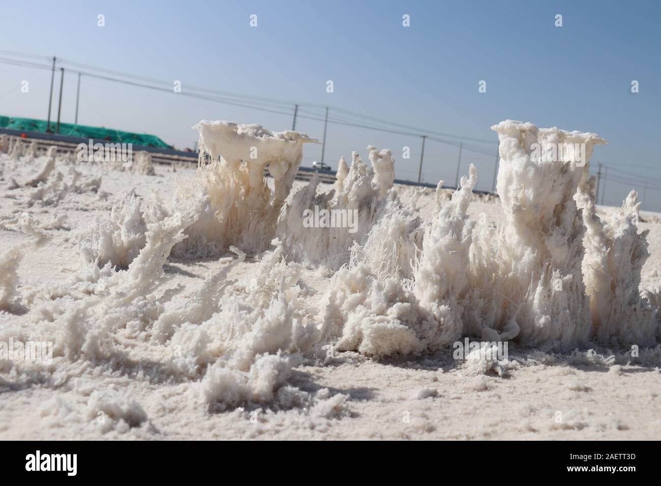 View of the 'flowers' made of magnesium sulfate crystallization and sodium sulfate crystallization in Guanxi Salt Field in Lianyungang city, east Chin Stock Photo