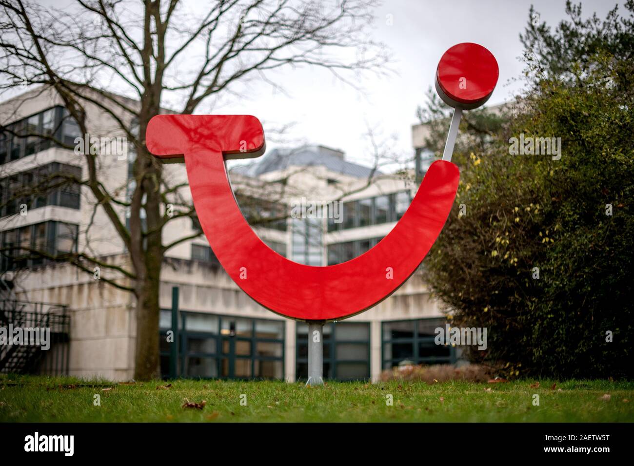 Hanover, Germany. 09th Dec, 2019. ILLUSTRATION - The logo of the tour operator TUI is placed in front of the company headquarters. The tourism group will present its figures for the past financial year on 11.12.2019 in Hanover. Credit: Sina Schuldt/dpa/Alamy Live News Stock Photo